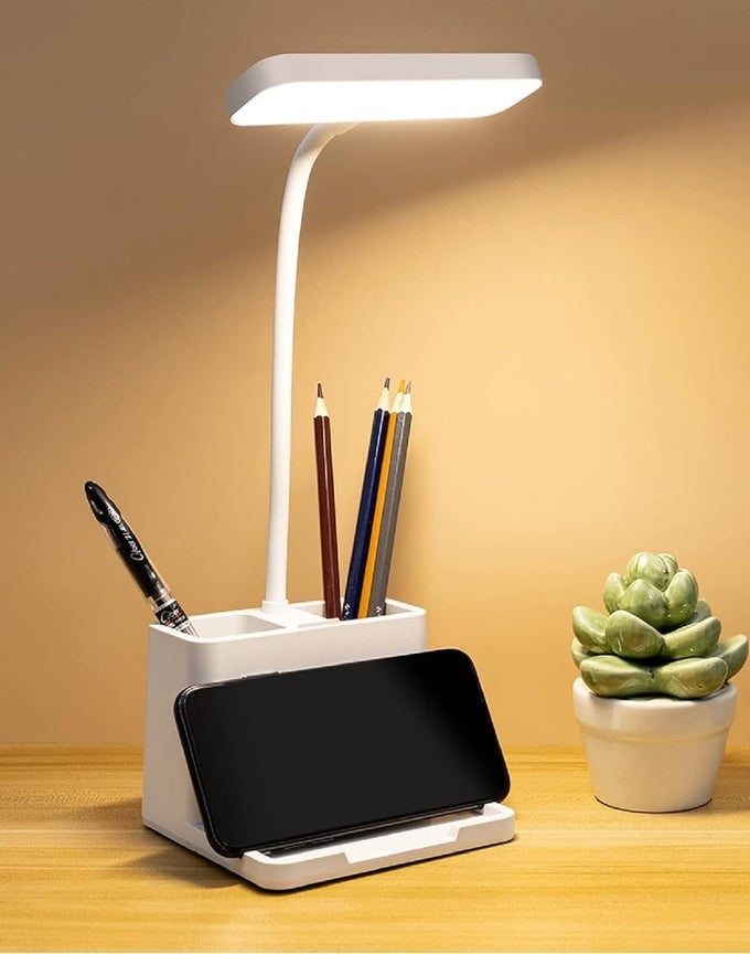 PLASTIC 3 COLOR MODE LED STUDY TABLE DESK LAMP FOR STUDENTS WITH PEN PHONE HOLDER RECHARGEABLE TOUCH ONOFF STUDYING 204WHITE