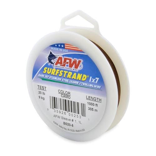 AFW American Fishing Wire Surfstrand Bare 1x7 Stainless Steel Leader Wire 20 lb Test 0011 Diameter Camo 1000 ft - Image 1