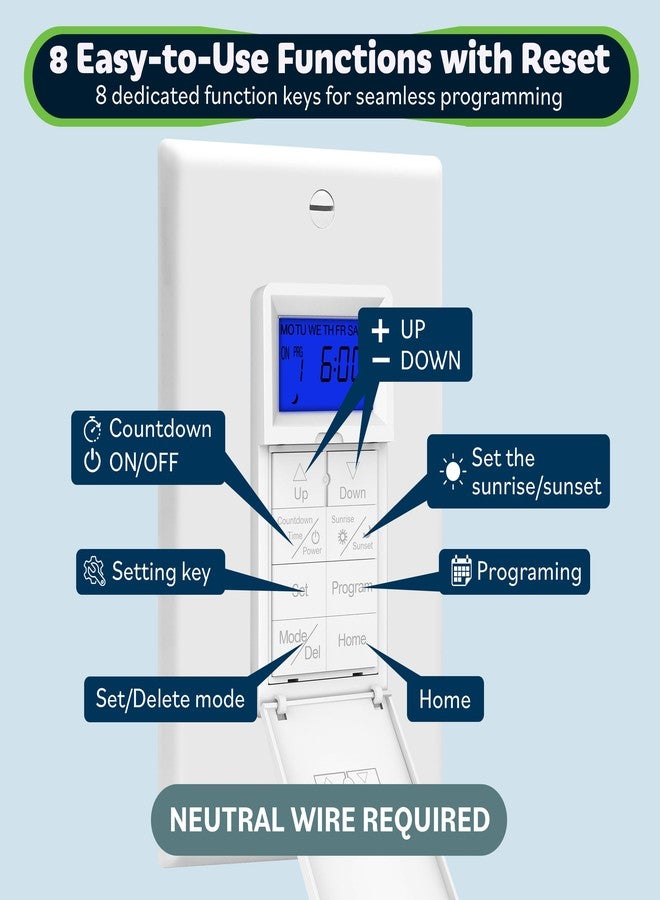 TOPGREENER Digital Astronomic Timer Switch, 7-Day Programmable Sunrise Sunset Timer for Lights, Fans, & Motors, Single-Pole or 3-Way, Neutral Wire Required, UL Listed, TGT01-HN-W, White - Image 3