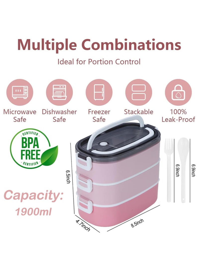 TOMSHOO Lunch Box for Kids,1900ML 3 Layer Meal Lunch Container Snack Box With Bag for Kids School and Adults - Leakproof - BPA Free - Microwave & Dishwashing Safe Bento Box（Pink） - Image 2