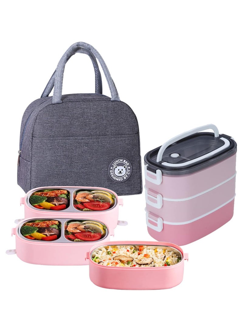 TOMSHOO Lunch Box for Kids,1900ML 3 Layer Meal Lunch Container Snack Box With Bag for Kids School and Adults - Leakproof - BPA Free - Microwave & Dishwashing Safe Bento Box（Pink） - Image 1
