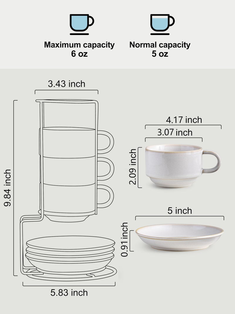 Gomakren 6 Ounce Cappuccino Cups with Saucers and Metal Stand, Stackable Coffee Cup Set of 4, Valentine Porcelain Espresso Cups for Coffee Drinks, Cappuccino, Latte, Americano, Tea, White - Image 3
