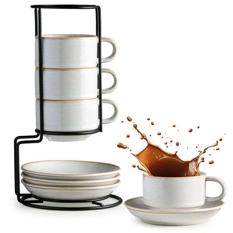 Gomakren 6 Ounce Cappuccino Cups with Saucers and Metal Stand, Stackable Coffee Cup Set of 4, Valentine Porcelain Espresso Cups for Coffee Drinks, Cappuccino, Latte, Americano, Tea, White - Image 1