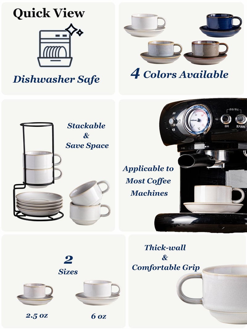 Gomakren 6 Ounce Cappuccino Cups with Saucers and Metal Stand, Stackable Coffee Cup Set of 4, Valentine Porcelain Espresso Cups for Coffee Drinks, Cappuccino, Latte, Americano, Tea, White - Image 2