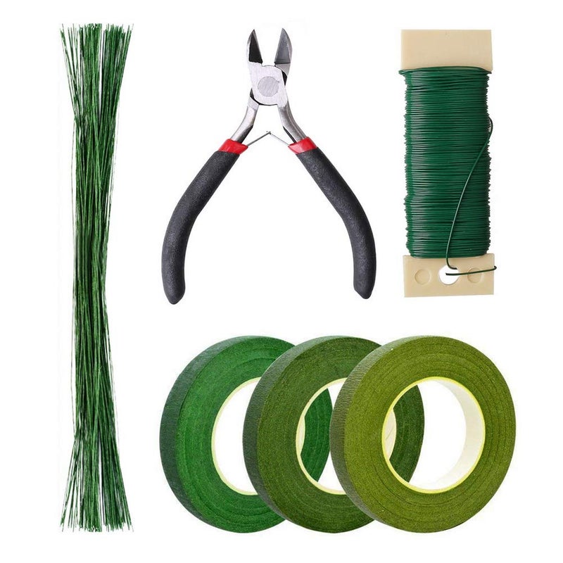 Pengxiaomei Floral Arrangement Kit, Floral Tape and Floral Wire with Cutter,Green Floral Tape 22 Guage Floral Stem Wire 26 Gauge Green Floral Wire for Bouquet Stem Wrap Florist, Wreath Making Supplies - Image 1