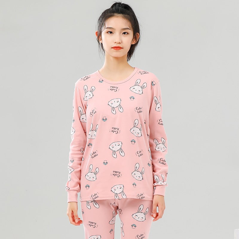 Juvenile Underwear Set Autumn Clothes and Pants for Boys and Girls Pure Cotton Thin Junior High School Students Cotton Sweater Thermal Underwear Hong-pink rabbit