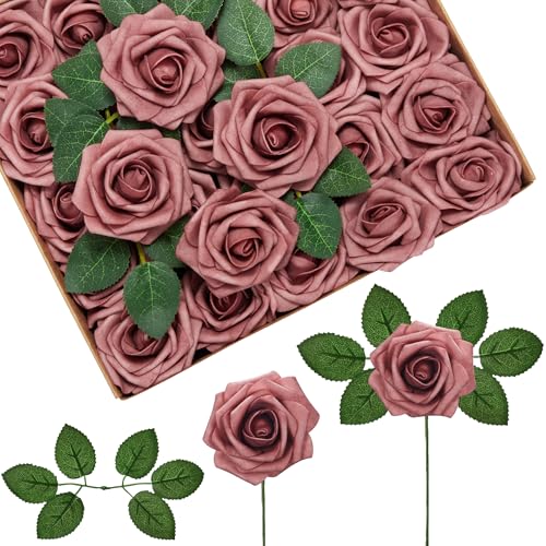 InnoGear Artificial Flowers, 50 Pcs Dusty Pink Foam Fake Roses Bulk with Stems for Decoration DIY Wedding Bouquets Centerpieces Bridal Shower Party Christmas Tree - Image 1