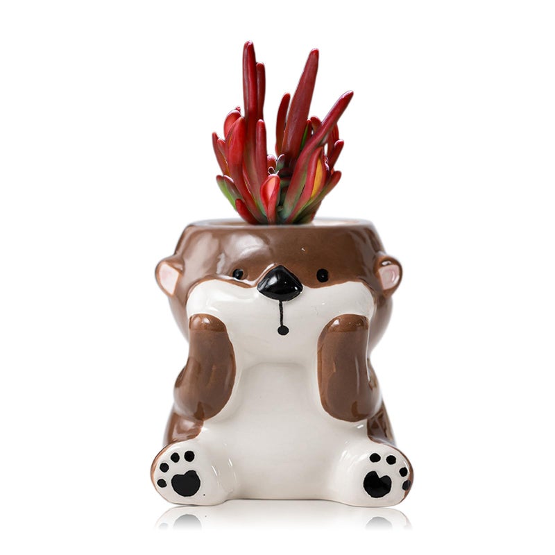 DIYOMR Cute Animals Planter, Mini Ceramic Cartoon Animal Shaped Succulent Flower Pot Indoor Air Plants Holder, Smooth Shiny Decorative Flower Cactus Planter - Plants Not Included (Otter) - Image 1
