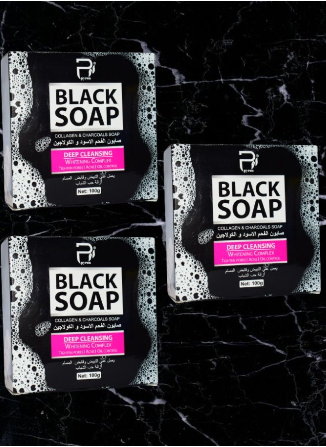 PYRON 3 Pieces Black Soap Collagen And Charcoal Deep Cleansing Whitening Complex 100g  - Image 1