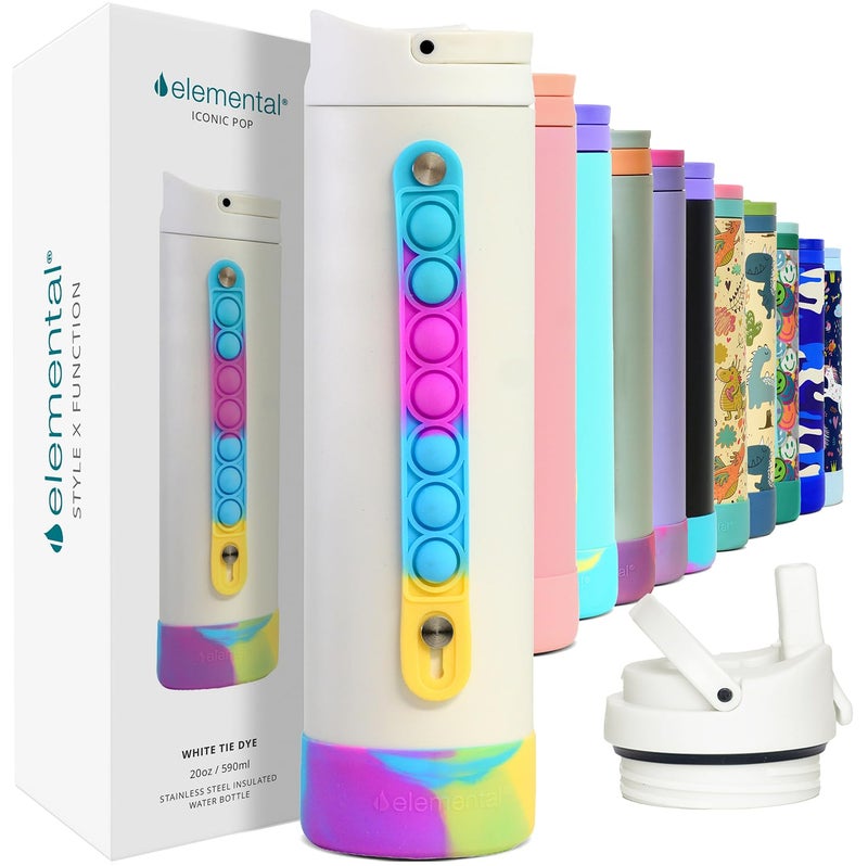 Elemental Iconic Kids Water Bottle for School  100 LeakProof Insulated Water Bottles with Straw Lid  PopIt Handle for Boys  Girls  TripleWall Insulated  BPAFree 20oz  White Tie Dye