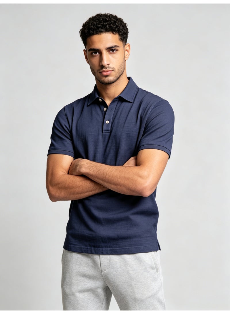 زارا ZARA Men’s Navy Blue Solid Pique Short Sleeve Polo Shirt - Image 4