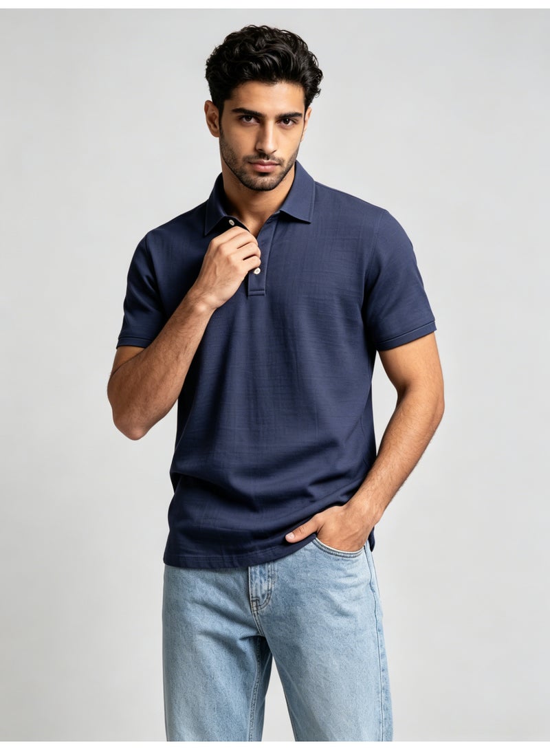 زارا ZARA Men’s Navy Blue Solid Pique Short Sleeve Polo Shirt - Image 1