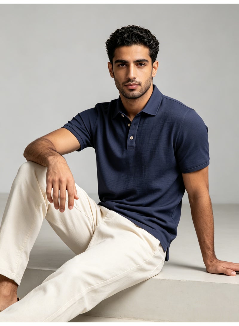 زارا ZARA Men’s Navy Blue Solid Pique Short Sleeve Polo Shirt - Image 5