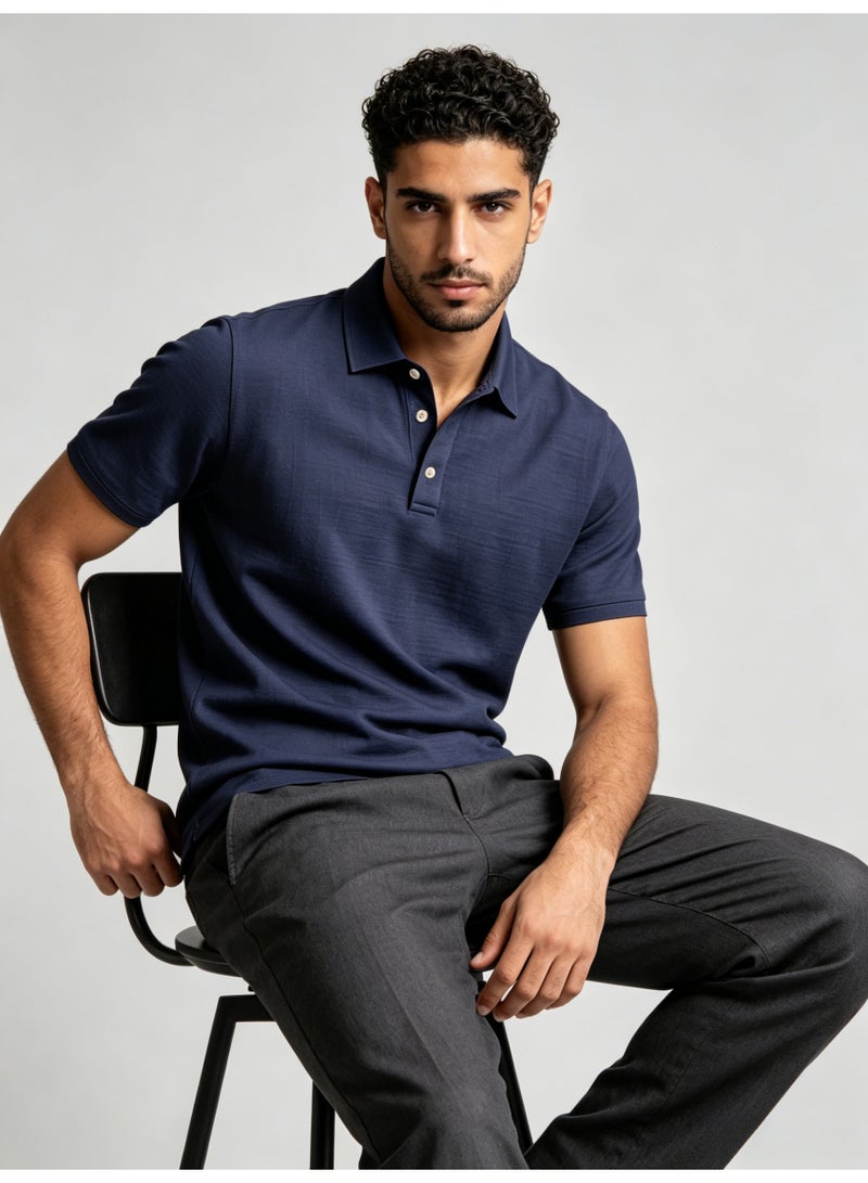 زارا ZARA Men’s Navy Blue Solid Pique Short Sleeve Polo Shirt - Image 2