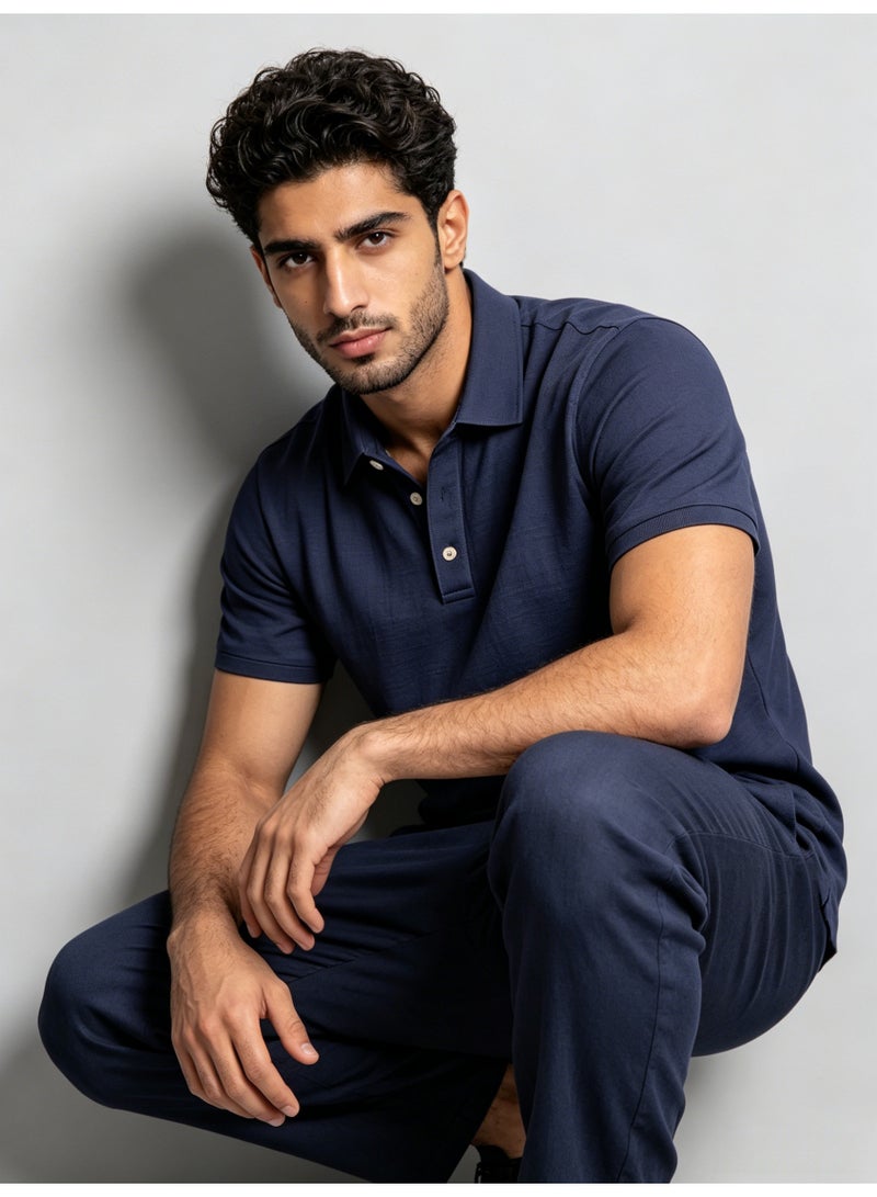 زارا ZARA Men’s Navy Blue Solid Pique Short Sleeve Polo Shirt - Image 3