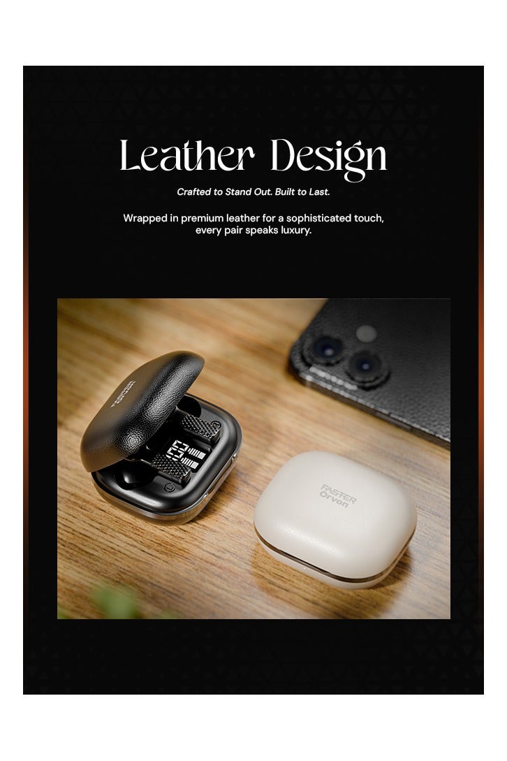 Faster Orvon In-Ear Wireless Earbuds Bluetooth 5.4- ANC+ENC Technology- Leather Textured LED Digital Display Charging Case Bluetooth Earbuds 25H Music Playback 13mm Dynamic Driver Enhanced Bass Type-C Charge- True Wireless Earbuds with Mic for TV Phone PC Laptop Workout Gym Running- Computer Earphones  with Wireless Charging Case (Frost White) - Image 3