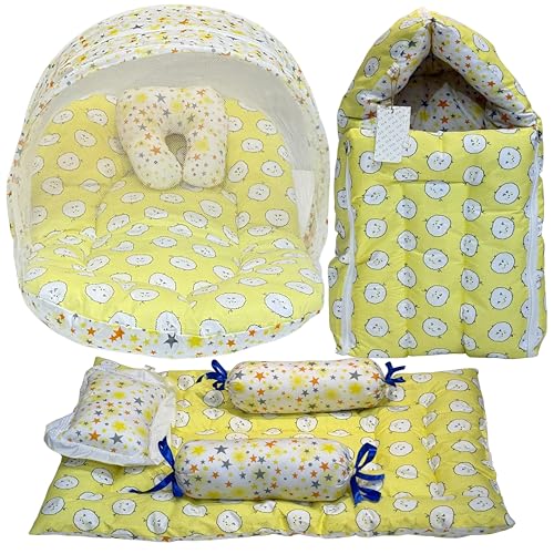 Fareto Combo of Baby Bed with Net | Carry Bag | 4 Pcs Bedding Set (0-6 Months, Baby Size, Cotton) (Yellow Sheep) - Image 1