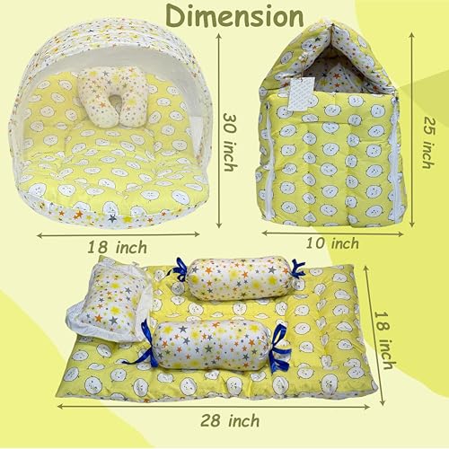 Fareto Combo of Baby Bed with Net | Carry Bag | 4 Pcs Bedding Set (0-6 Months, Baby Size, Cotton) (Yellow Sheep) - Image 3