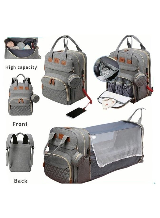 Diaper Bag Backpack Baby Bag, Diaper Changing Station with Sunshade Cloth u0026 Nappy Pad, Portable Big Travel Backpack with USB Port u0026 Insulated Pocket, Baby Bed Back Pack for Boys, Girls, Infant