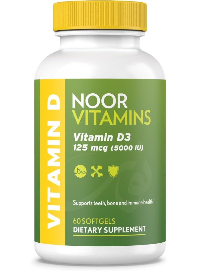 Noor Vitamins Halal Vitamin D, Halal Vitamin D3, 5000 IU Softgels, Supports Bone, Immune & Heart Health, from Safflower Oil to Maximize Absorption, Non-GMO, Gluten Free & Halal (60 Count)… - Image 1