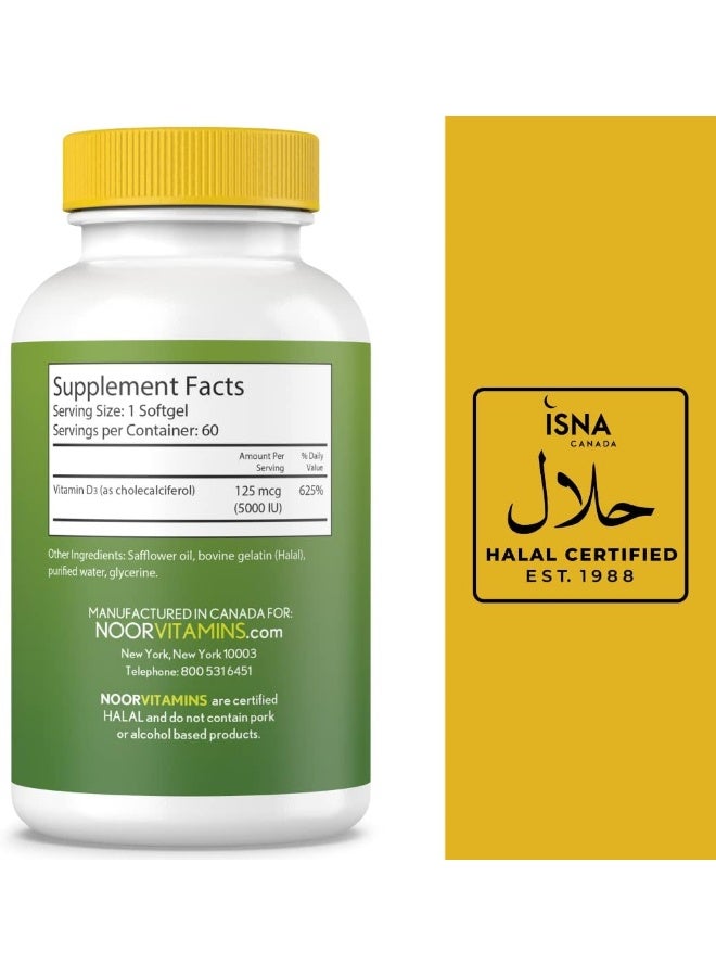 Noor Vitamins Halal Vitamin D, Halal Vitamin D3, 5000 IU Softgels, Supports Bone, Immune & Heart Health, from Safflower Oil to Maximize Absorption, Non-GMO, Gluten Free & Halal (60 Count)… - Image 2