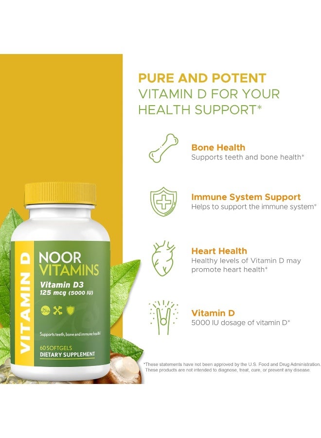 Noor Vitamins Halal Vitamin D, Halal Vitamin D3, 5000 IU Softgels, Supports Bone, Immune & Heart Health, from Safflower Oil to Maximize Absorption, Non-GMO, Gluten Free & Halal (60 Count)… - Image 4