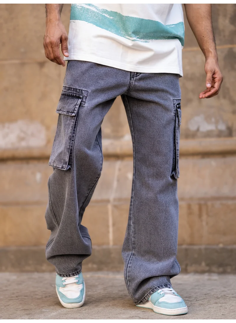 مانياك جينز كارغو رجالي مانياك رمادي غامق قماش دينم فضفاض