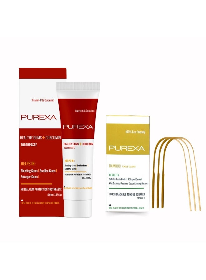 PUREXA Healthy Gums Herbal Combo | 1 Curcumin Toothpaste (100g) with Bamboo Tongue Cleaner Pack of 3 | Ayurvedic Gum Care & Fresh Breath Oral Hygiene Kit - Image 1