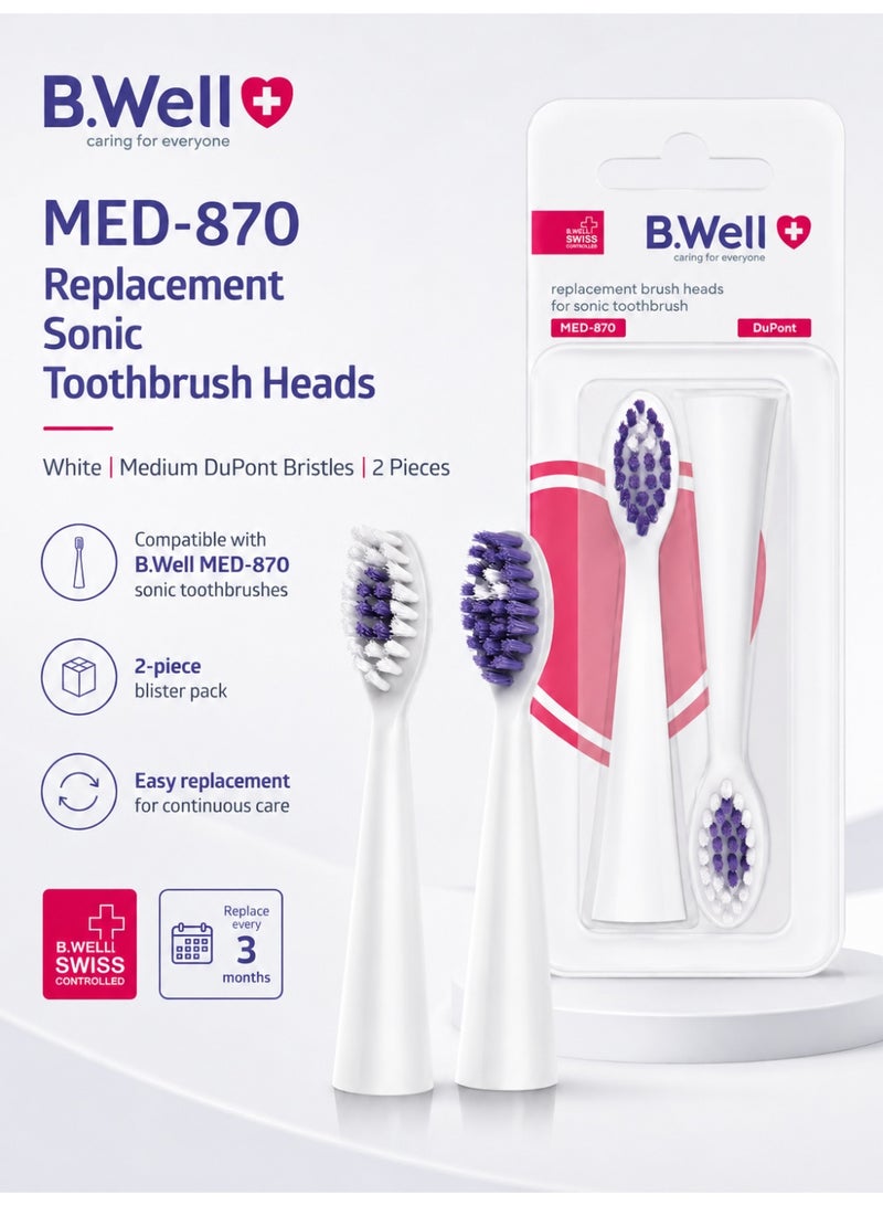 B.Well MED-870 White Replacement Sonic Toothbrush Heads with Medium DuPont Bristles, 2 Pieces - Image 3