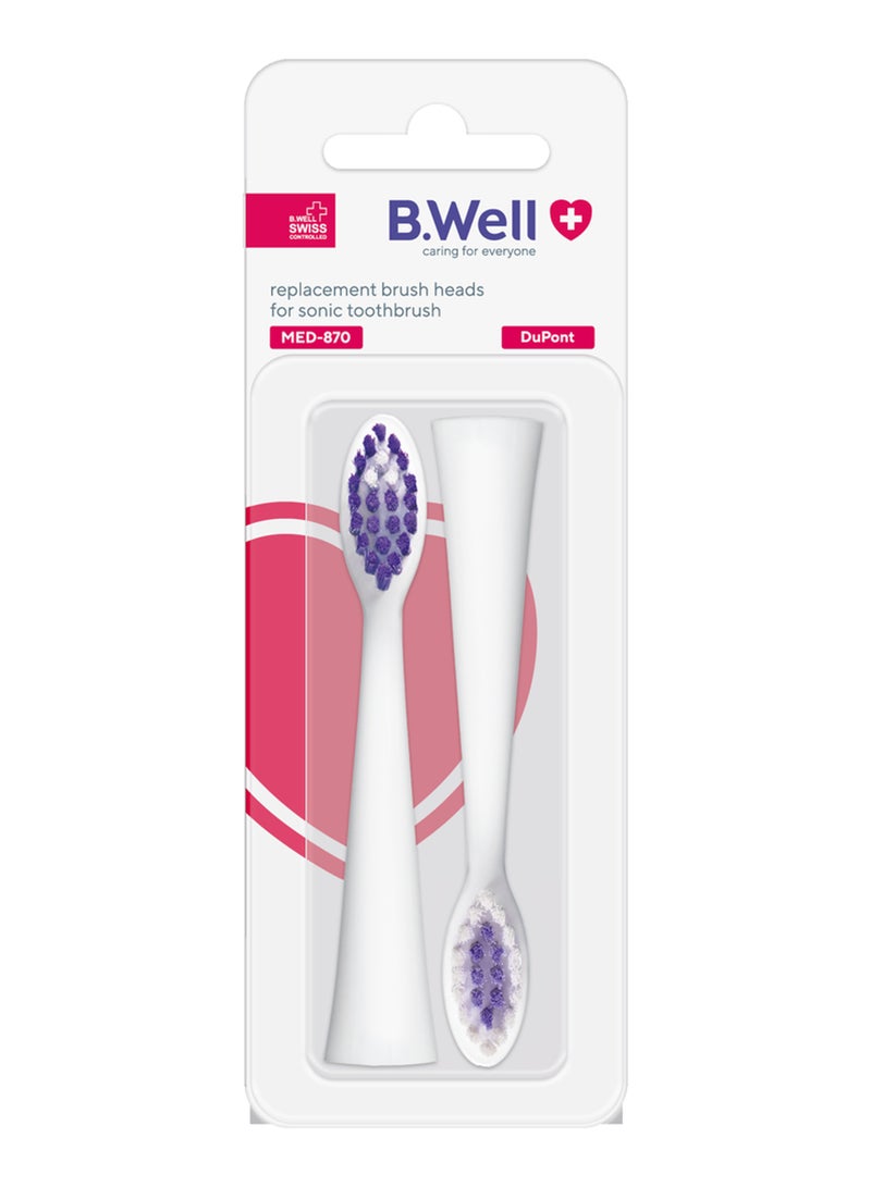B.Well MED-870 White Replacement Sonic Toothbrush Heads with Medium DuPont Bristles, 2 Pieces - Image 2