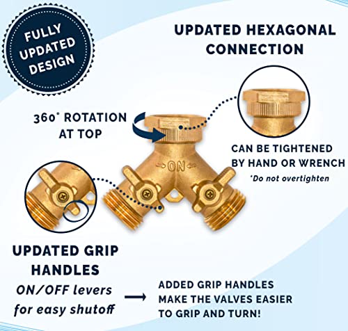 Morvat Brass 2-Way Y Splitter LEAD-FREE, Heavy-Duty Garden Hose Manifold Connector with Improved Comfort Grip ON/OFF Valves, Adapter for Water Faucet & Spigot, Extra 3 Washers, Teflon Tape (1-Pack) - Image 3