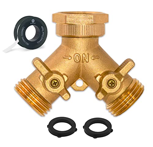 Morvat Brass 2-Way Y Splitter LEAD-FREE, Heavy-Duty Garden Hose Manifold Connector with Improved Comfort Grip ON/OFF Valves, Adapter for Water Faucet & Spigot, Extra 3 Washers, Teflon Tape (1-Pack) - Image 1