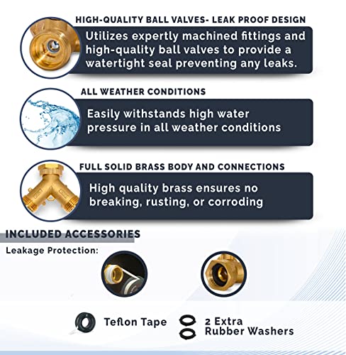 Morvat Brass 2-Way Y Splitter LEAD-FREE, Heavy-Duty Garden Hose Manifold Connector with Improved Comfort Grip ON/OFF Valves, Adapter for Water Faucet & Spigot, Extra 3 Washers, Teflon Tape (1-Pack) - Image 2