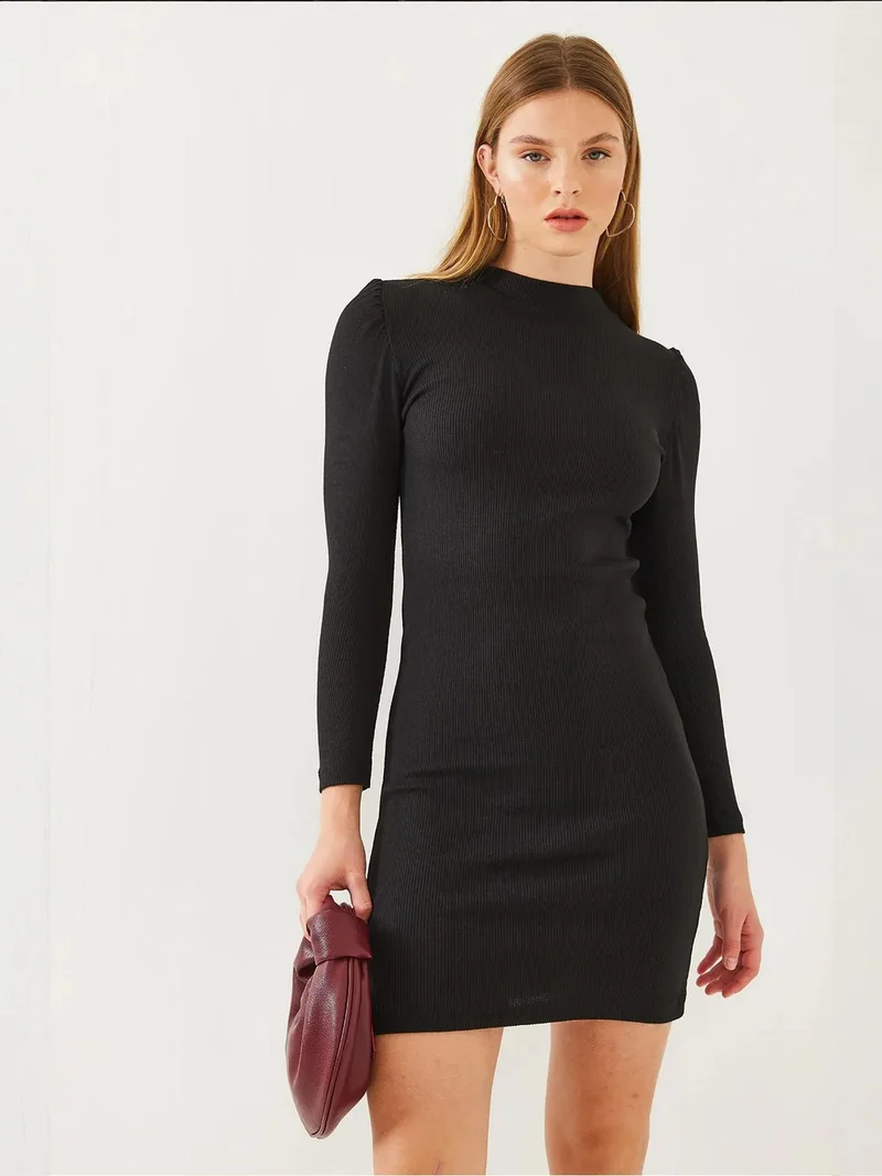 Bianco Lucci LUCCI Ribbed Jersey Mini Dress with Crew Neck