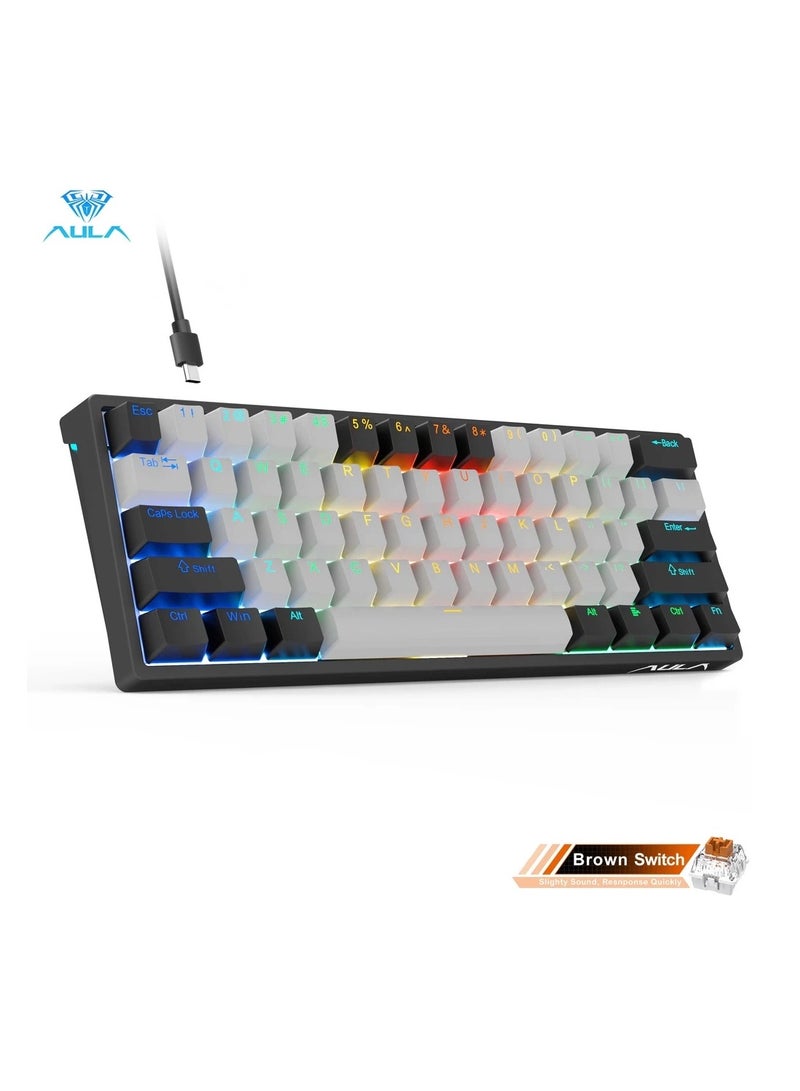 AULA F3261 61 Keys Wired Mechanical Keyboard RGB Hot Swappable Compact Gaming Keyboards LED Backlit Keyboard Type-C Mode (Black Grey - Brown Swtich) - Image 1