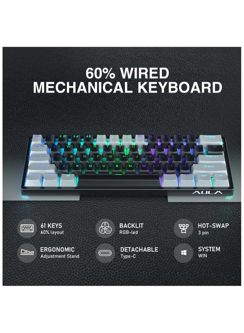 AULA F3261 61 Keys Wired Mechanical Keyboard RGB Hot Swappable Compact Gaming Keyboards LED Backlit Keyboard Type-C Mode (Black Grey - Brown Swtich) - Image 4