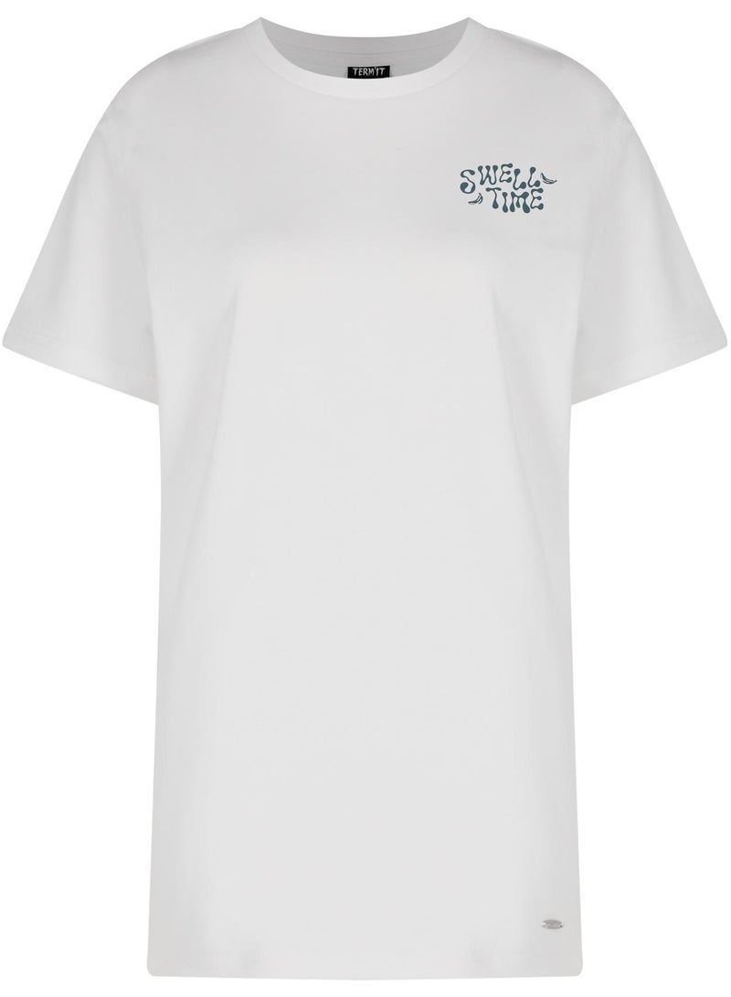 Termit تي شيرت نسائي أبيض، تيرميت، 100% قطن، تصميم فضفاض، قابل للتنفس ومريح لأيام الصيف الحارة، مثالي للملابس الكاجوال والرياضة - Image 1