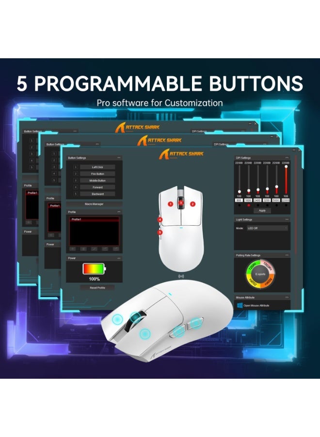 Attack Shark Shark Attack X11 Wireless Tri-Mode Gaming Mouse with Magnetic Charging Base Lightweight Anti-Slip Mouse PixArt PAW3311 Sensor 22K DPI BT/2.4GHz/Wired for PC/Mac White - Image 5