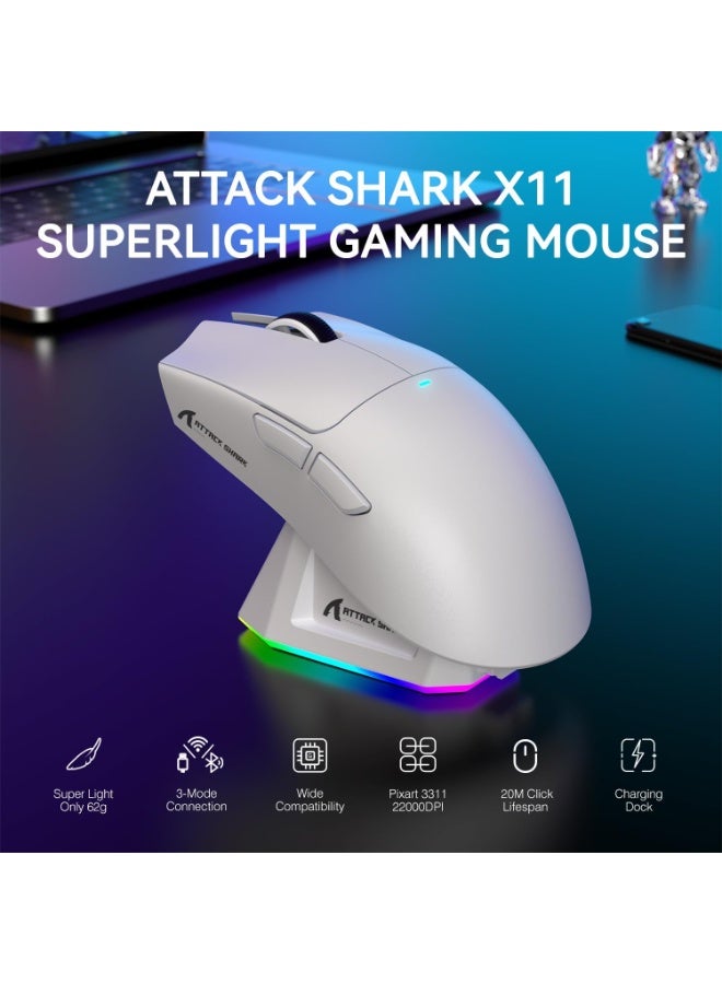 Attack Shark Shark Attack X11 Wireless Tri-Mode Gaming Mouse with Magnetic Charging Base Lightweight Anti-Slip Mouse PixArt PAW3311 Sensor 22K DPI BT/2.4GHz/Wired for PC/Mac White - Image 2
