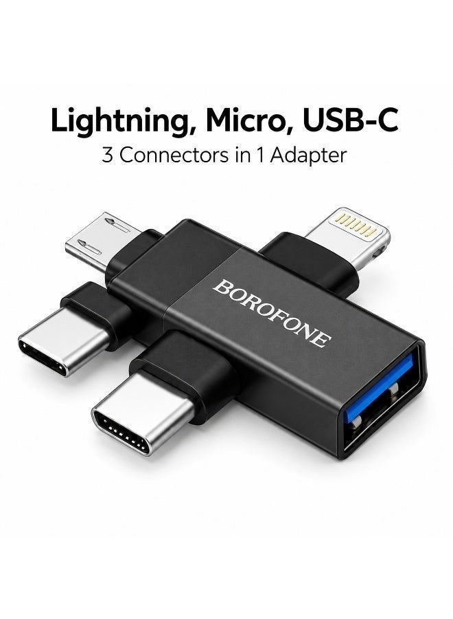 بوروفون محول OTG 3 في 1 من BOROFONE موديل  USB 3.0 لايتنينج مايكرو USB تايب C نقل بيانات سريع متعدد الأجهزة لون أسود - Image 2