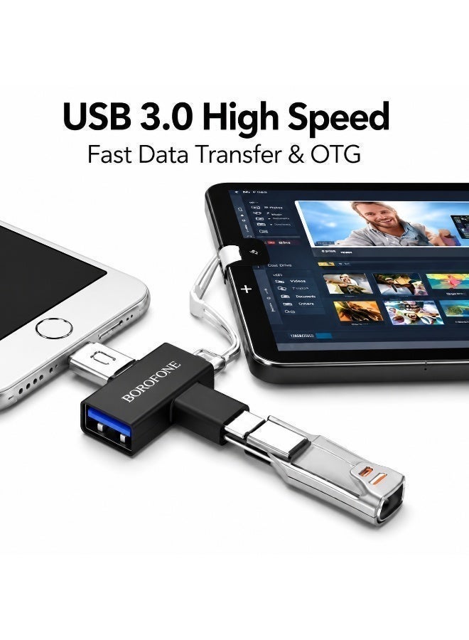 بوروفون محول OTG 3 في 1 من BOROFONE موديل  USB 3.0 لايتنينج مايكرو USB تايب C نقل بيانات سريع متعدد الأجهزة لون أسود - Image 5