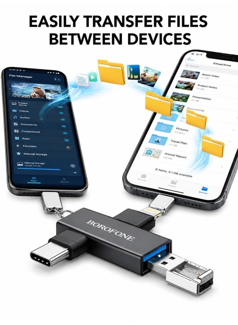 بوروفون محول OTG 3 في 1 من BOROFONE موديل  USB 3.0 لايتنينج مايكرو USB تايب C نقل بيانات سريع متعدد الأجهزة لون أسود - Image 4