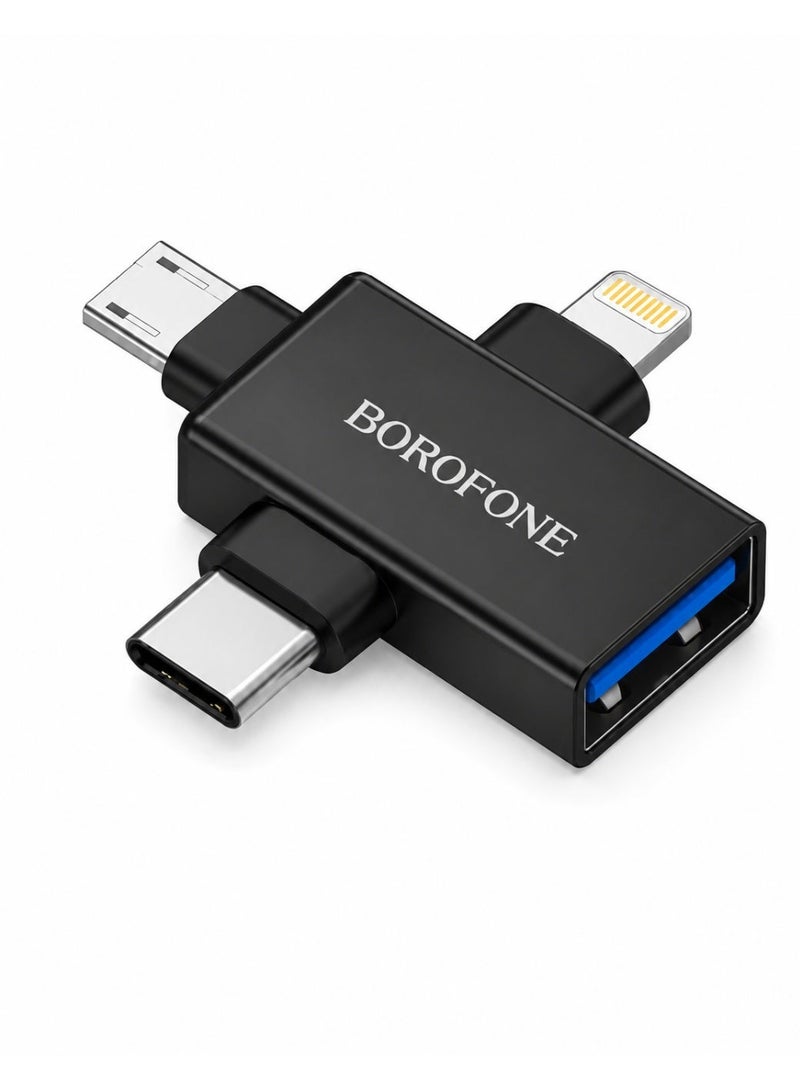 بوروفون محول OTG 3 في 1 من BOROFONE موديل  USB 3.0 لايتنينج مايكرو USB تايب C نقل بيانات سريع متعدد الأجهزة لون أسود - Image 1