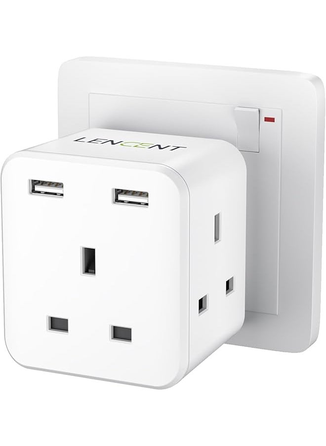 Lencent LENCENT Multi Plug Extension with 2 USB, 3 Way 3 Plugs Socket adapter, 5-in-1 Cube Electrical Extender Outlet Adaptor, USB Wall Charger, 3 Pin Plug Expander for Home, Office, Kitchen, 13A 3250W 