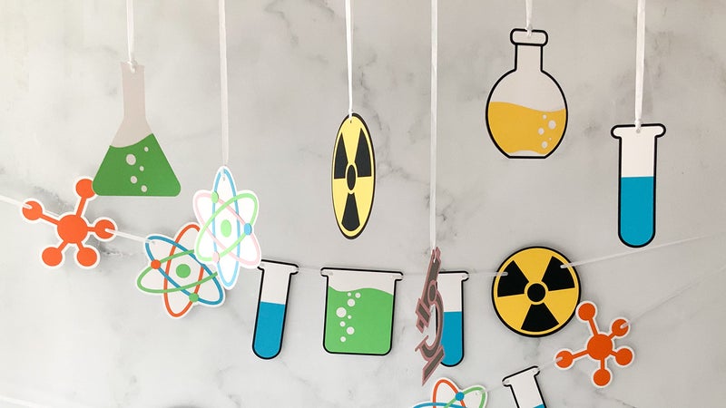 Pinfliers Science Theme Paper Hangings, 6 Pieces, Yellow, Green, Pink, Blue - Image 3