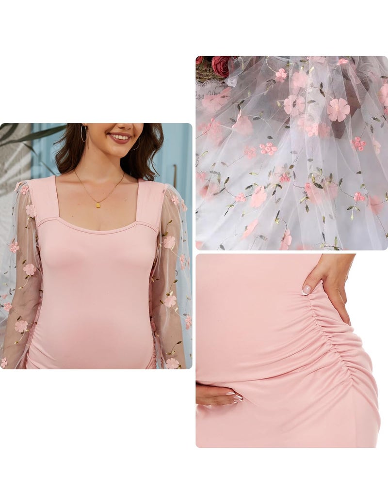 LAHILO Floral Mesh Bishop Long Sleeve Maternity Midi Dress, Fall Maternity Bodycon Dress for Baby Shower Bright Pink - Image 5