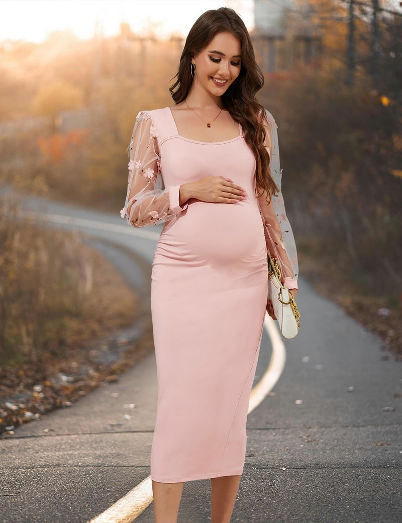 LAHILO Floral Mesh Bishop Long Sleeve Maternity Midi Dress, Fall Maternity Bodycon Dress for Baby Shower Bright Pink - Image 4