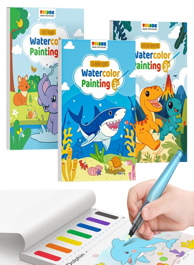 TECJOE 3 Pack Coloring and Water Painting Books for Toddlers, Watercolour Paint Set with 6 Brushes, Painting Activity for Kids, Educational and Craft Toy Gift, Princess, Forest and Sea - Image 1