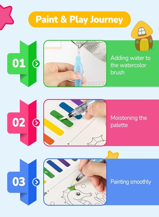 TECJOE 3 Pack Coloring and Water Painting Books for Toddlers, Watercolour Paint Set with 6 Brushes, Painting Activity for Kids, Educational and Craft Toy Gift, Princess, Forest and Sea - Image 5