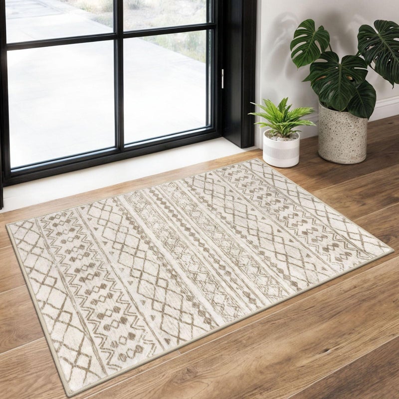 KUTA Washable Non-Slip Rugs for Entryway 2x3, Beige Moroccan Boho Small Area Rug, Ultra Soft Vintage Geometric Low-Pile Indoor Door Mat Floor Carpet for Indoor, Entrance, Kitchen, Bathroom, Bedroom - Image 1